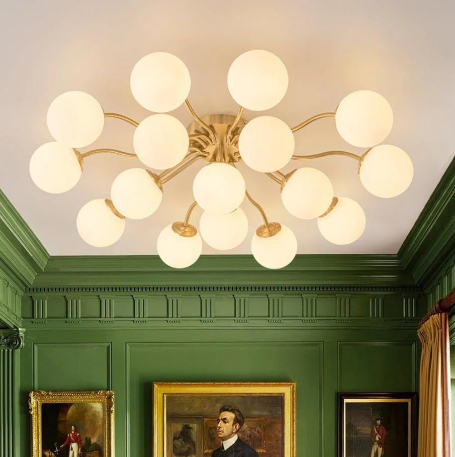 Sputnik Bubble Chandelier, Modern Semi-Flush Mount Ceiling Light Fixture with Brushed Brass Finish and Milky White Glass Globes, Dimmable for Living Room Dining Room Bedroom (Black, 6 Light)