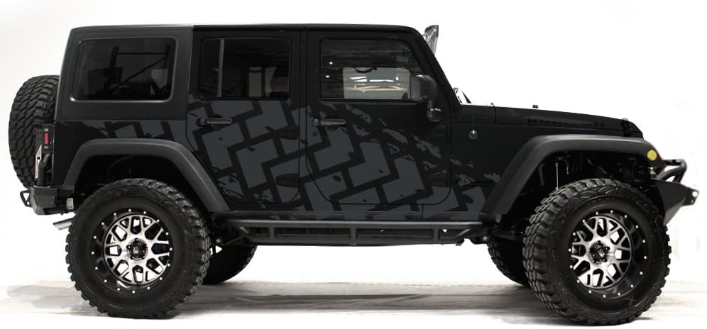 Factory Crafts Tire Tracks Side Graphics Kit 3M Vinyl Decal Wrap Compatible with Jeep Wrangler 4 Door 2007-2016 - N Gray