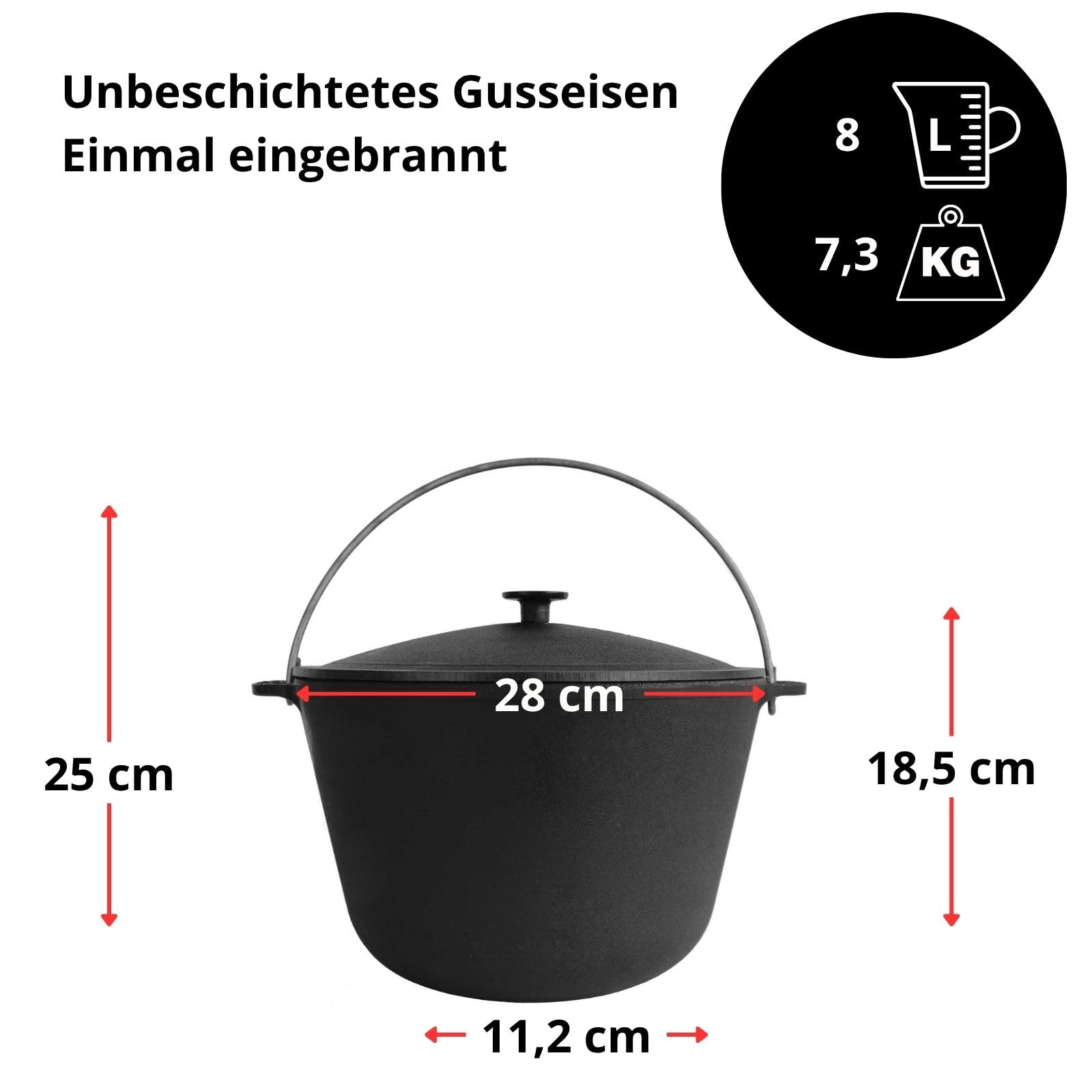 8L Touristenkessel Deckel Ø28 cm Pfanne Gusseisen Gusseisenpfanne Schwenktopf Kessel - Campingtopf Küchenhelfer Bambus Set