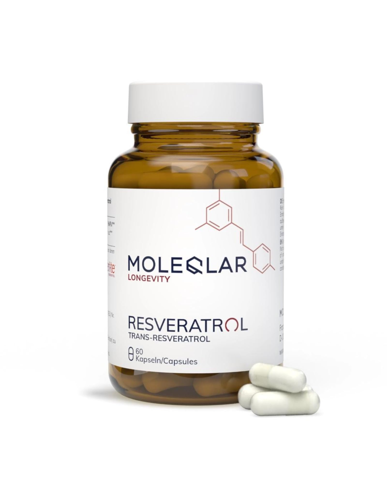 MoleQlar Resveratrol Kapseln 60 Stück - Nahrungsergänzungsmittel aus innovativer Hefefermentation - 500mg Resveratrol pro Kapsel - über 98% Reinheit - Veri-te Markenrohstoff