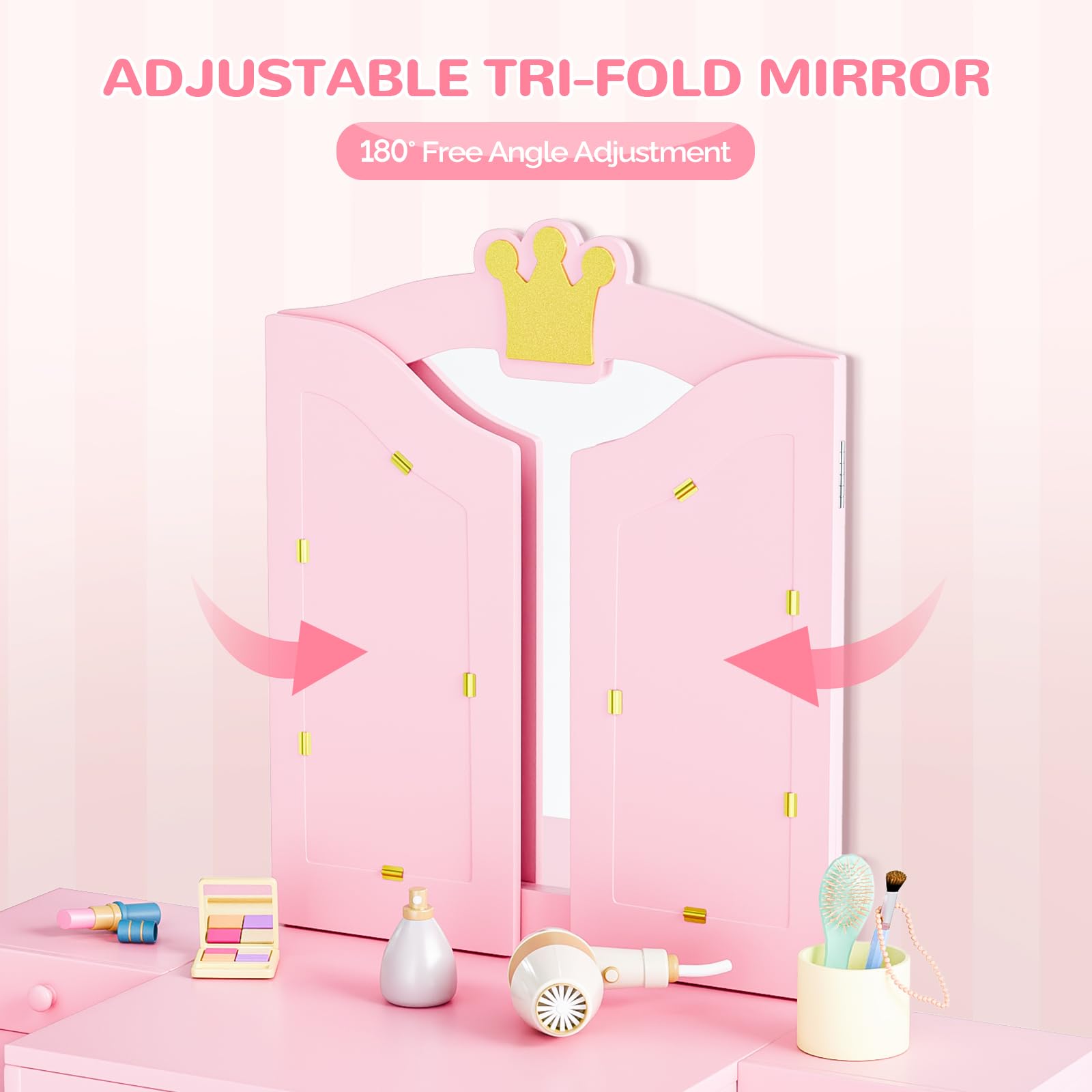 Bonnlo Tocador Infantil con Espejo de Tres Paneles y Taburete, Tocador para Niña con 3 Cajones y 4 Estantes Abiertos, Mesa de Maquillaje Infantil de Madera con Diseño de Coron (Rosa, Grande)