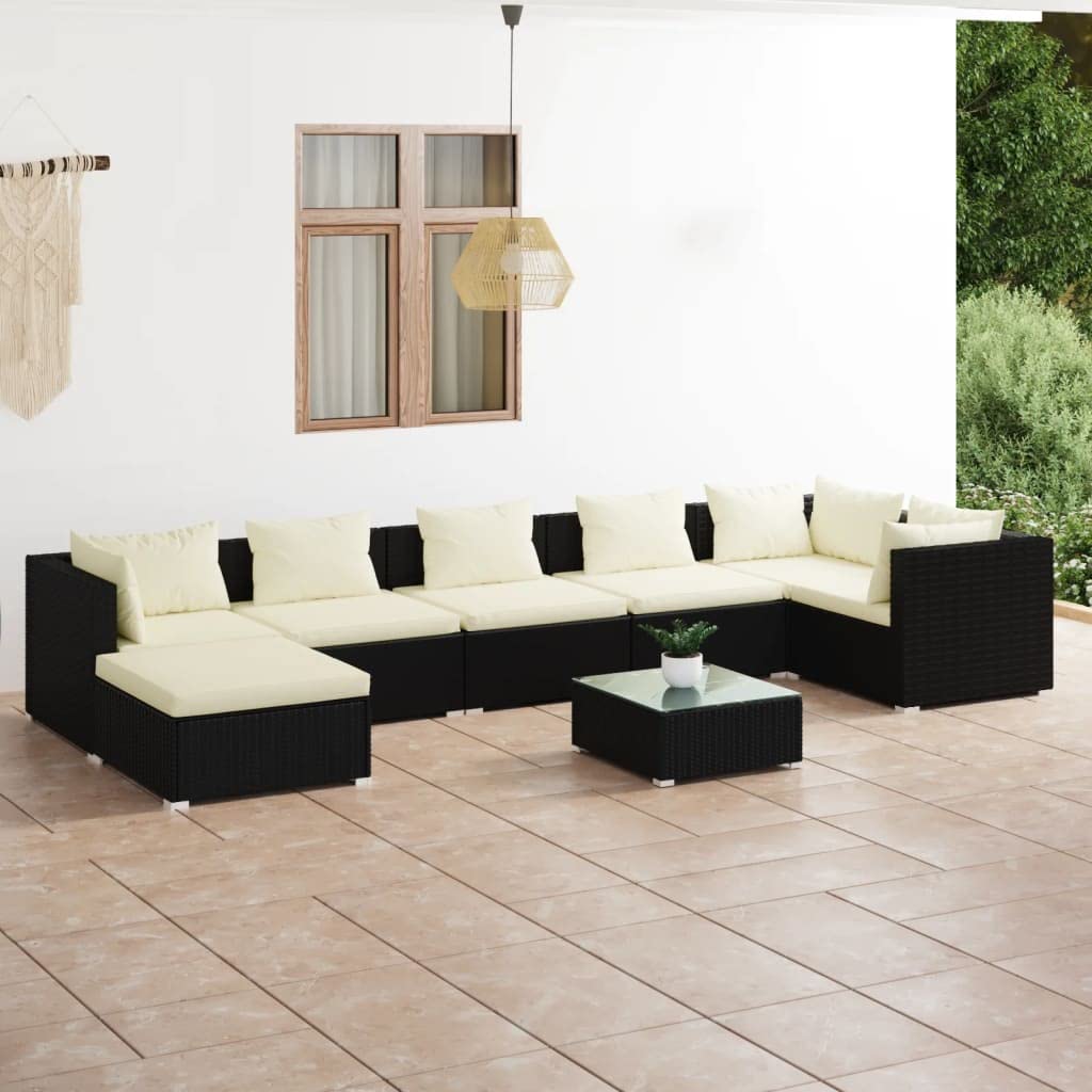 vidaXL Patio Lounge Set 8 Piece with Cushions Garden Outdoor Lawn Yard Terrace Balcony Backyard Sofa Seat Seating Furniture Poly Rattan Black