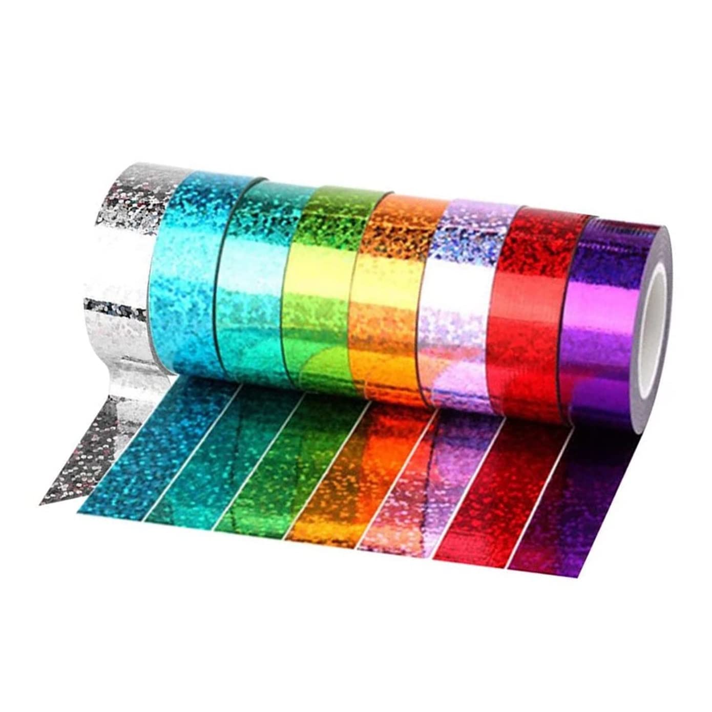 Stylewell Pack of 8 (18mm & 20 Mtr Each) Natural Gum Super Quality Designer Sparkling Self Adhesive Glitter Tape Rolls for Decorative Purpose, Art Craftworks, DIY Gift Wrapping Supplies