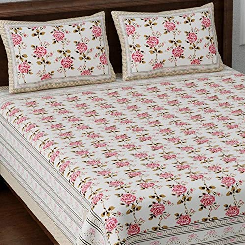 Image of LIVING ROOTS Pure Cotton 180 TC King Size 1 Piece Double Bedsheet with 2 Pillow Covers | King Size 8 feet x 8 feet (Pink Roses)