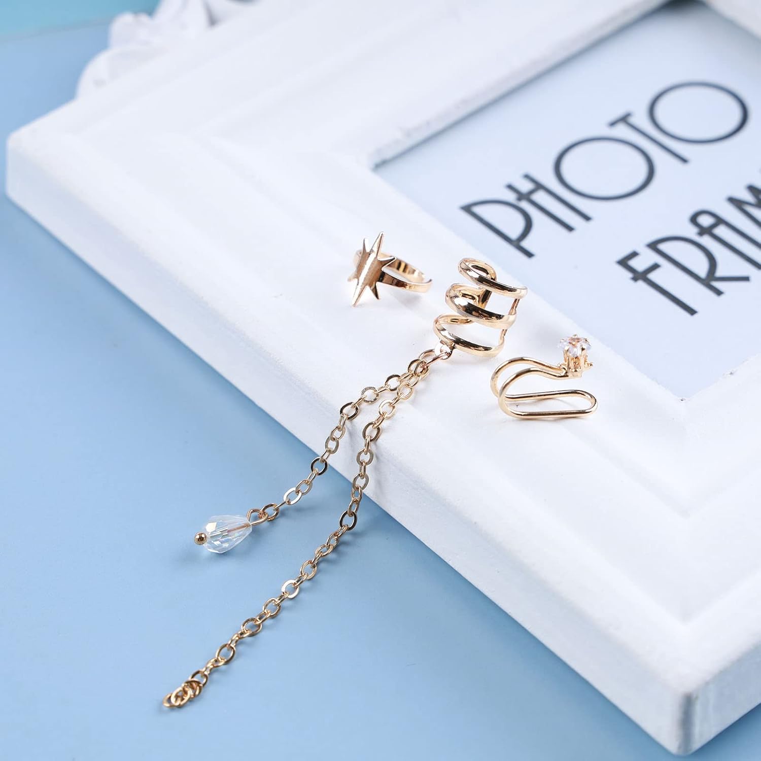 Bohemian Crystal Dangle Earrings Cuff Chain Dangle Earrings Vintage Hoop Cuff Earrings Gold Long Chain Earring Claw Tassel Chain Earrings No Piercing Earrings Jewelry for Women - Image 4