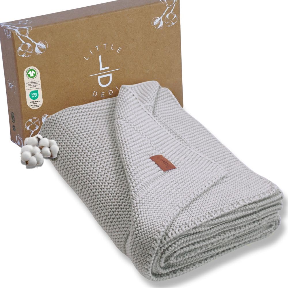 Little Dedi Temperatur-regulierende Strickdecke aus Bio-Baumwolle, GOTS-Zertifiziert, 80x100 cm. Nebelgrau– Ideal als Kuscheldecke und in eleganter Geschenkbox für Babys, Atmungsaktiv