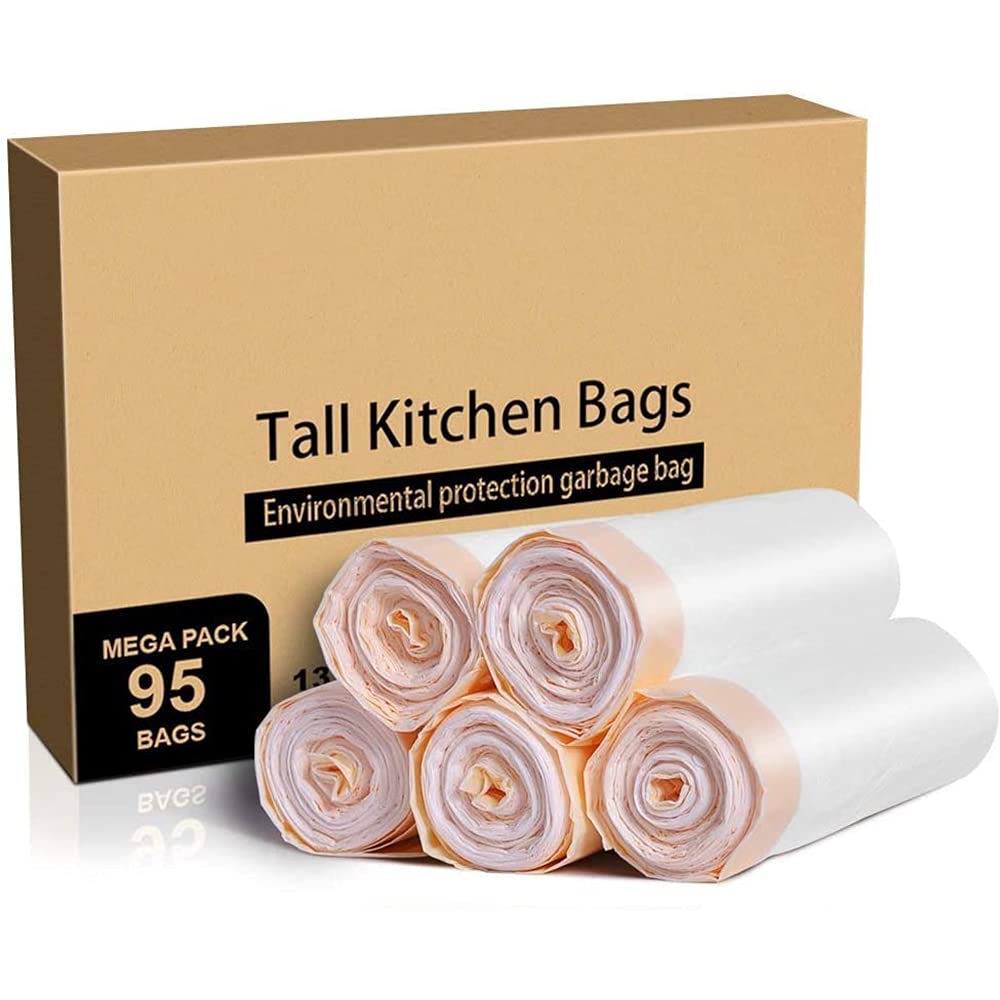 Strong Bin Liner 50L Bin Bag Tie Handle with Portable Drawstring Indoor Trash Bags for Sensor/Pedal/Swing Bins 5 Rolls (95 Bags in All)