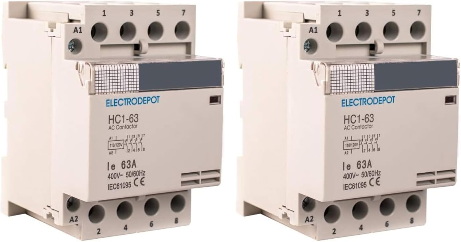 Electrodepot 60 Amp 4 Pole Normally Open IEC 400V Contactor (Silent Operation) – 110-120VAC Coil, Inductive 40A, Resistive 60A with Mounting Base for DIN Rail (1 Pack)