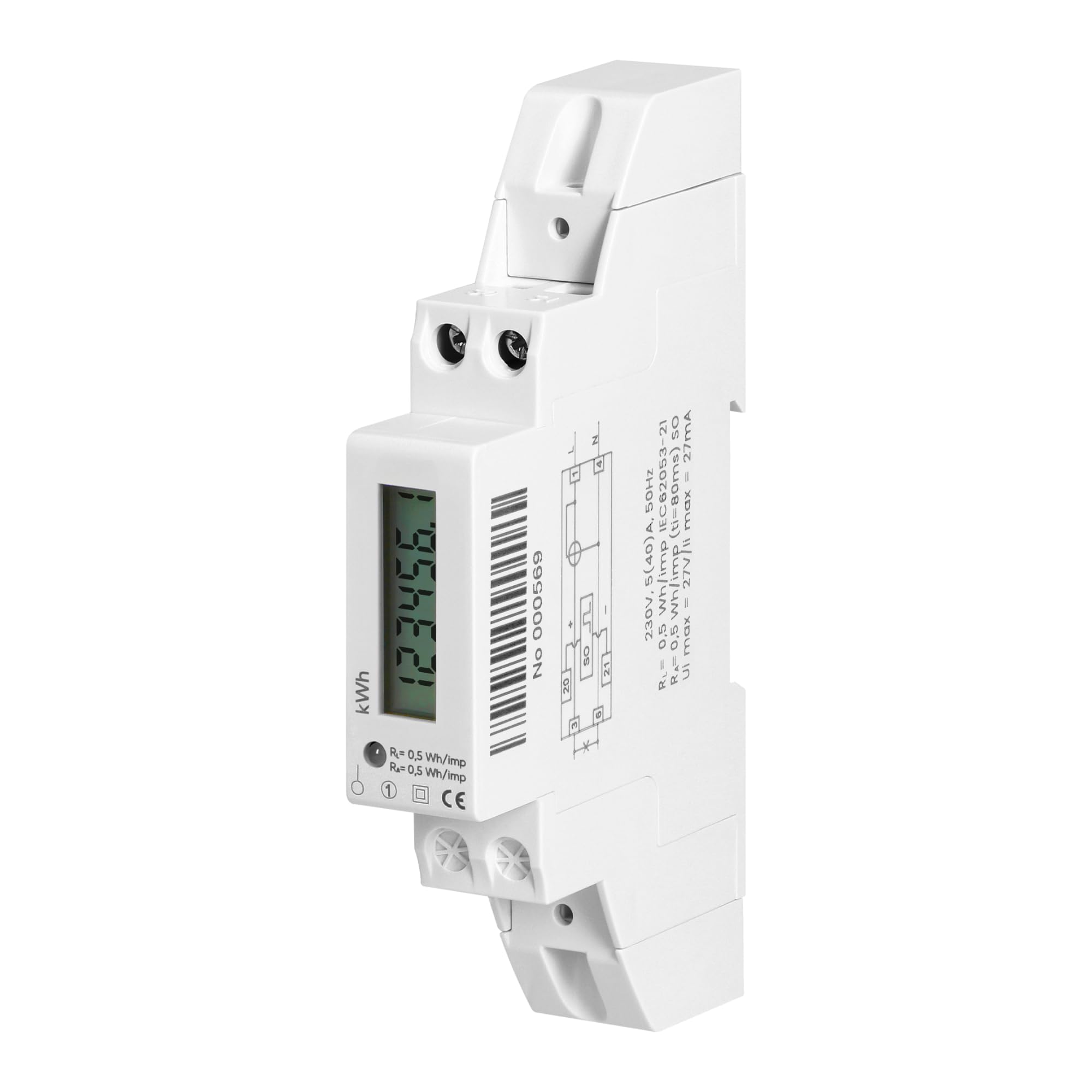 1-fazowy Wskaźnik Zużycia Energii Elektrycznej 40A 50Hz Szerokość 1 Moduł 2000imp/kWh Montaż Szyna DIN TH-35mm (wskaźnik cyfrowy LCD 6+1)