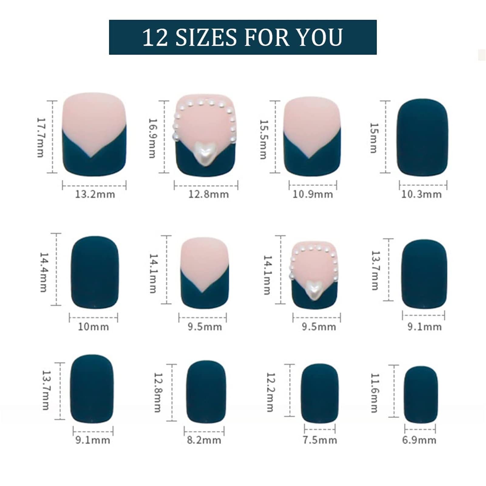 Matte Green Short Press on Nails Square Pearl Unghie finte Full Cover Heart Stick on Nails per appuntamenti o uso quotidiano 24PCS Unghie finte a pressione