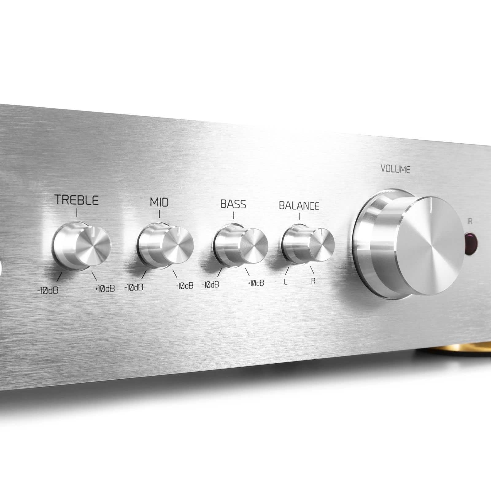 Audizio AD420A Amplificador Hi-FI de 400w (4 Canales x 100w) y Bluetooth, 1 Salida subwoofer, Salida óptica y coaxial, 2 Salidas de Altavoz, MP3, EQ, Ideal para Escuchar tu música, Color Aluminio