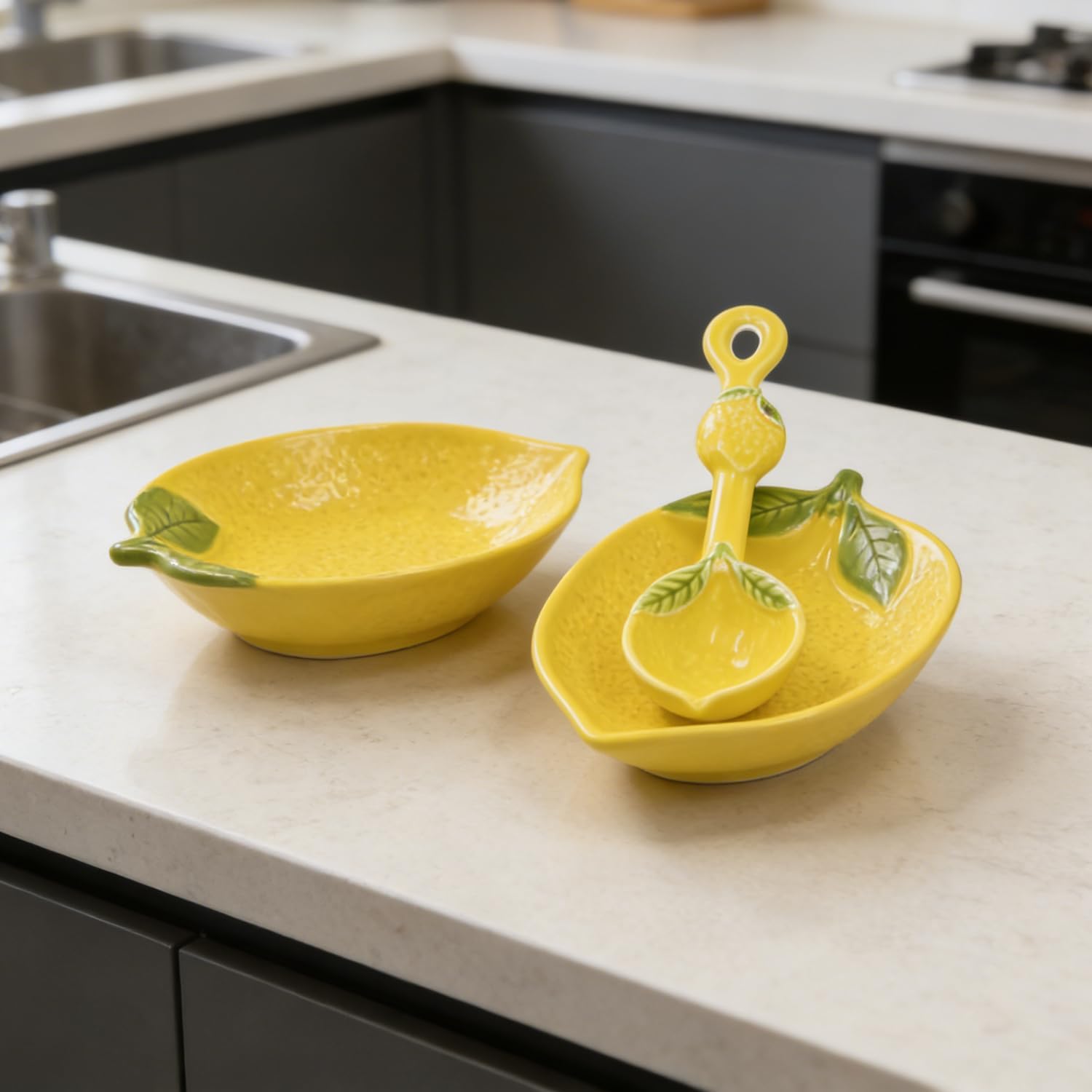 Ceramic Lemon Spoon Rest with Spoon, Cute Porcelain Spoon Holder for Stove Top & Kitchen Counter, Heat-Resistant Utensil Rest for Spatula, Spoon & Cooking Tools
