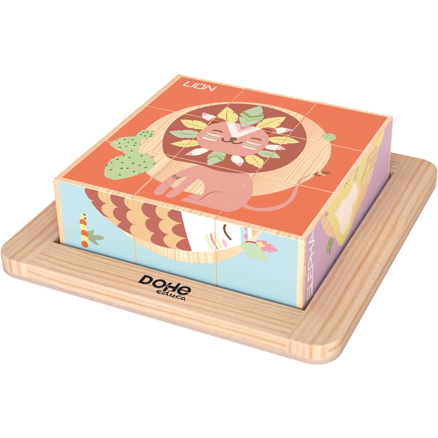 Dohe Educa, 3D Puzzles Wooden Cubes (6 pcs.), 9 Blocks per Puzzle and Base, Animal Theme, Children's Puzzle - Image 2