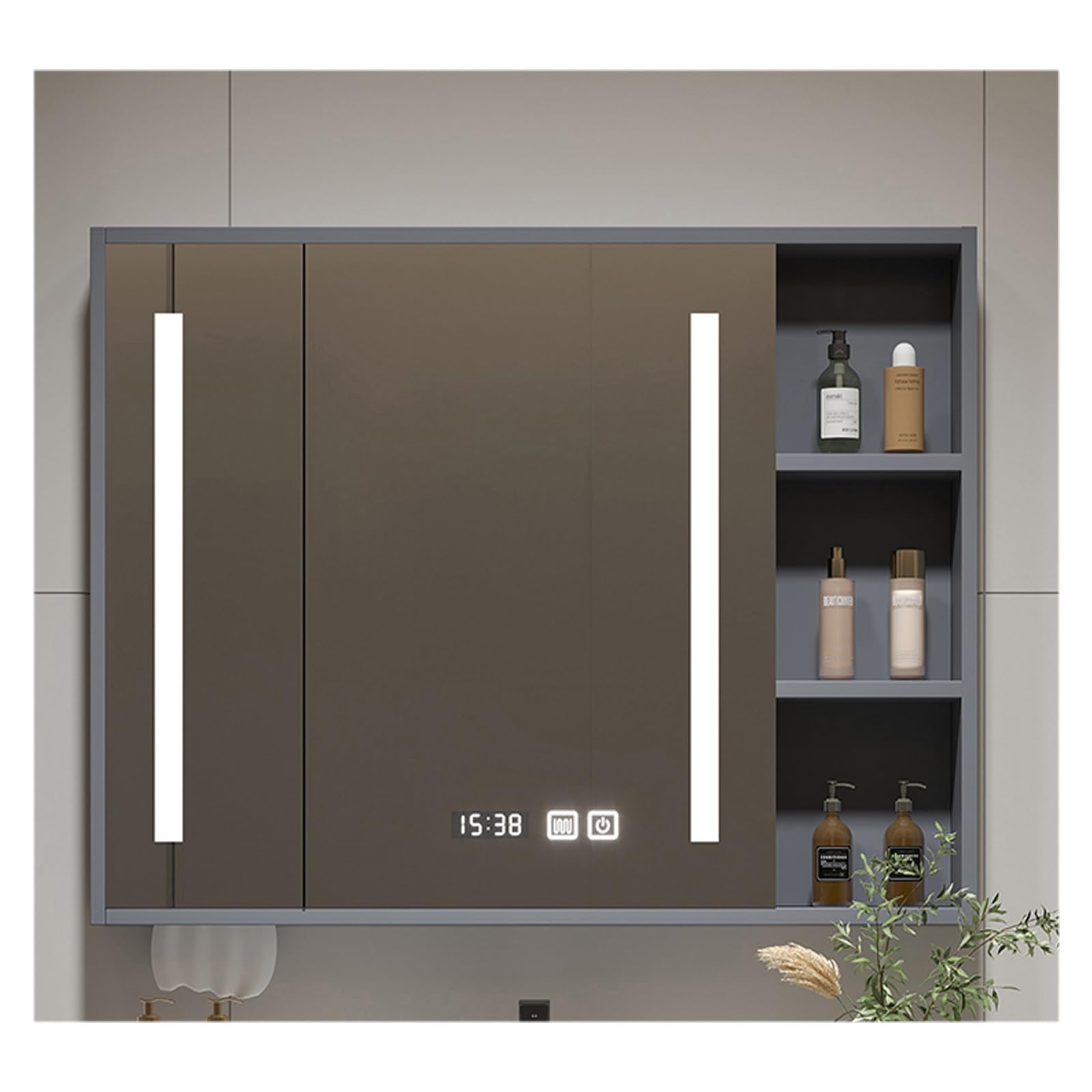 FLYIODFCXV bathroom mirror cabinet, With LED Lights，Large Storage Capacity, Smart Touch, Defogging Design, Solid Wood Panel(Grey,108 * 70cm/42.5 * 27.5in)