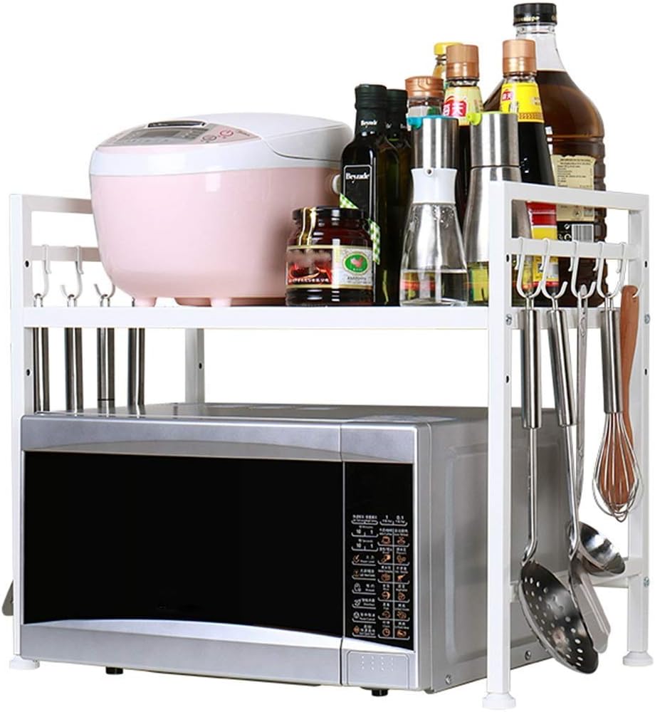 Shelf Double Retractable Microwave Oven Seasoning Bottle Rack Oven Rack Kitchen Storage Rack Wrought Iron (Color : White Size : 62.5 34 48CM)