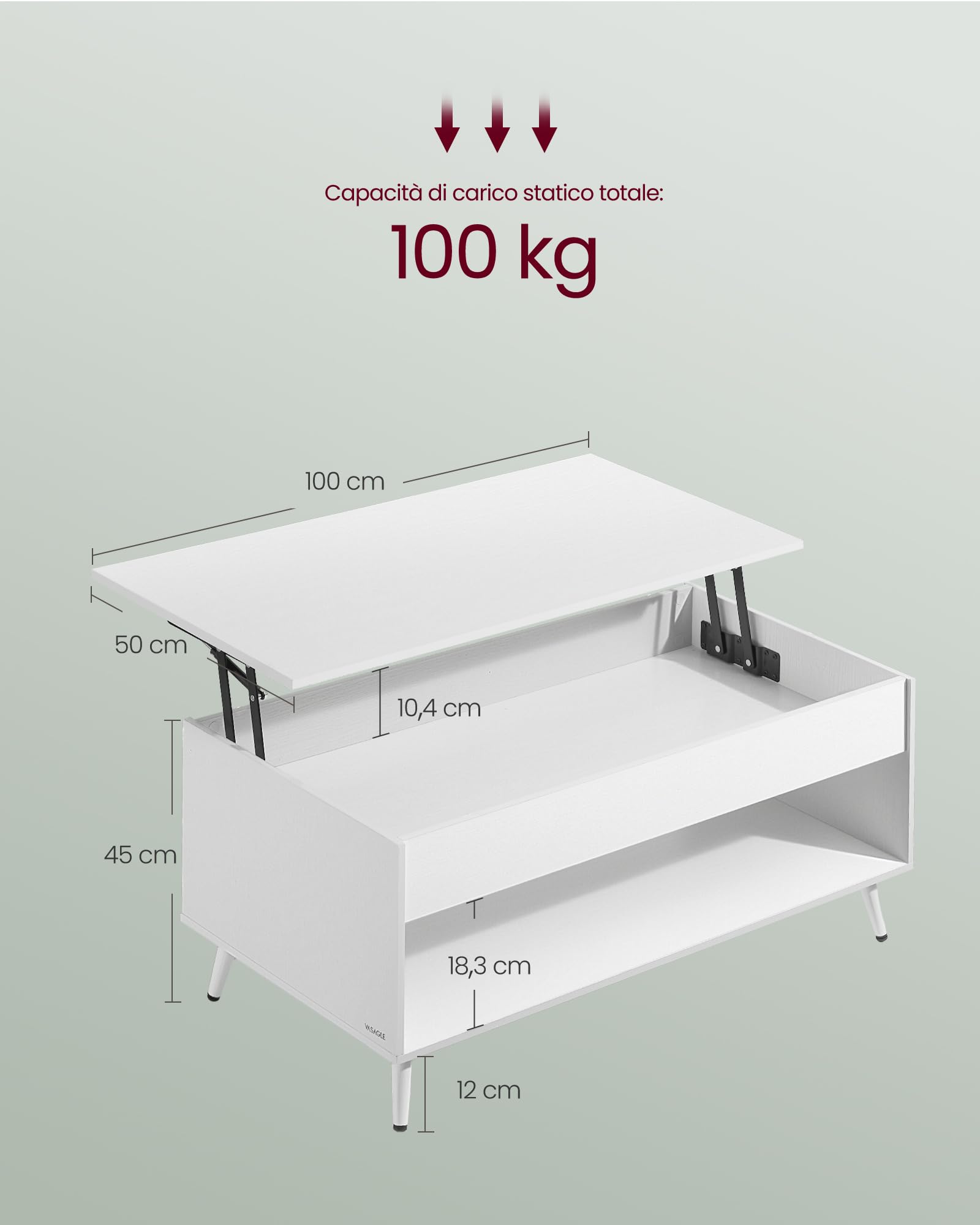 VASAGLE Tavolino da Salotto, Tavolino da Caffè con Piano Sollevabile, Molla a Gas, Vano Nascosto, Ripiano Aperto, Soggiorno Ufficio Sala da Pranzo, Bianco Neve e Bianco Opaco LCT267WE01