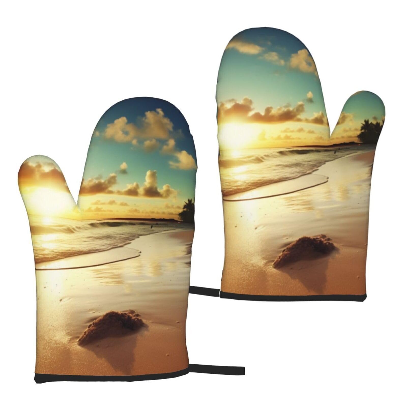 Beach Sunset Tranquil Printed Oven Mitts Sets 2 PCS Heat Resistant and Non-Slip Glove Potholder for Kitchen Cooking Baking Grilling