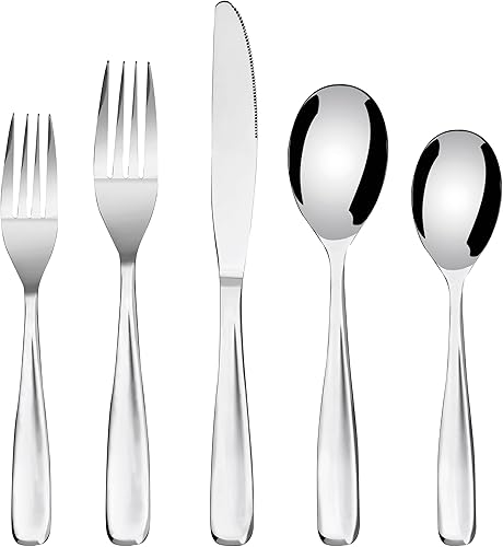 Bon Scoop - Juego de cubiertos de acero inoxidable de 20 piezas, incluye cuchillo, tenedorcuchara, pulido espejo, apto para lavavajillas, servicio