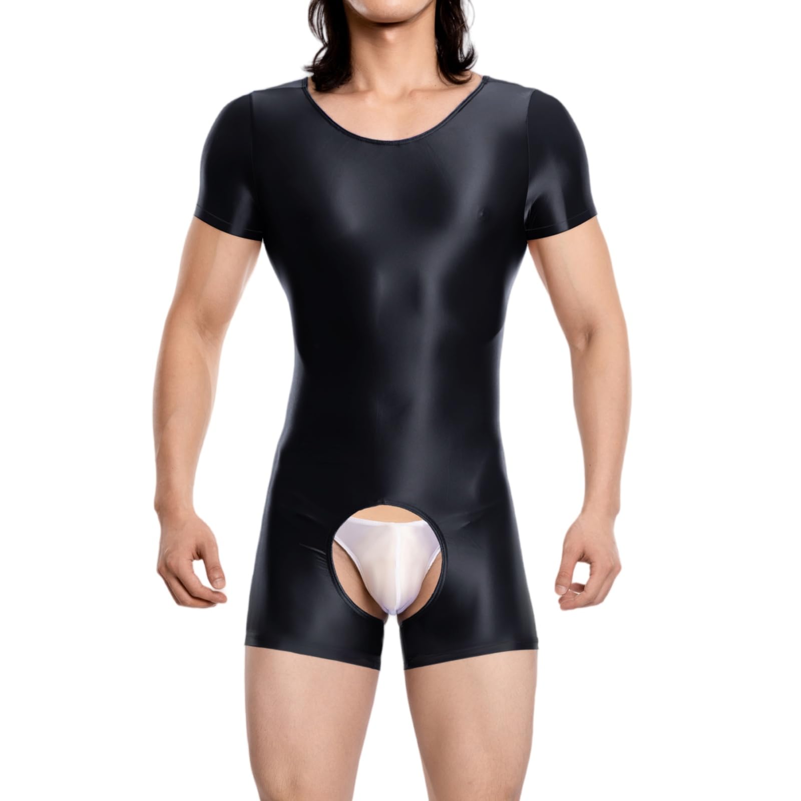 Hybursky Men Glossy Bodysuit Short Sleeve Gym Jumpsuit Round Neck Black/XL