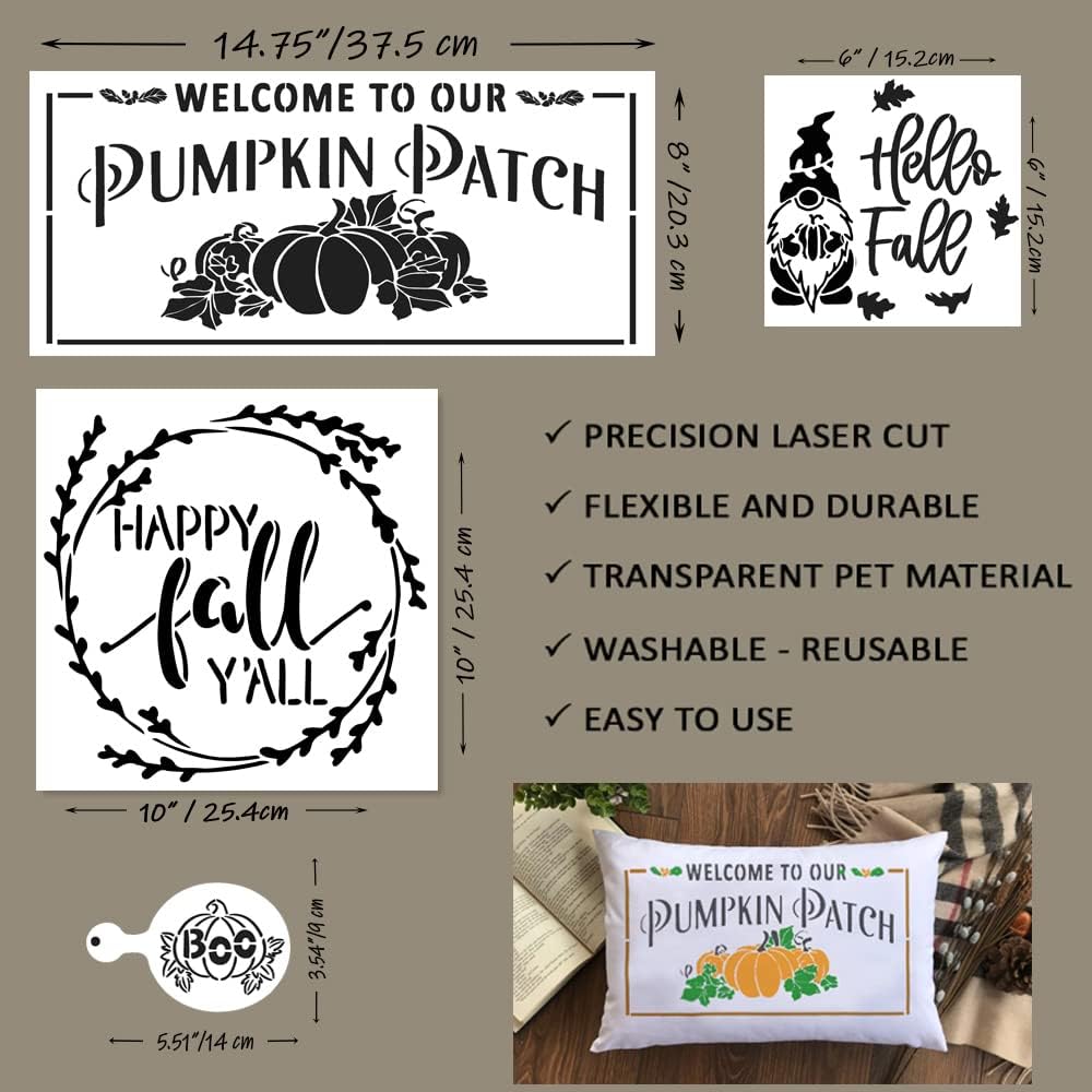 Fall Stencils for Painting on Wood, Fabric, Walls - Large Stencil Set Includes a Welcome and a Happy Fall Y'all - Ideal Fall Stencils for Crafts Reusable and House Door Mat