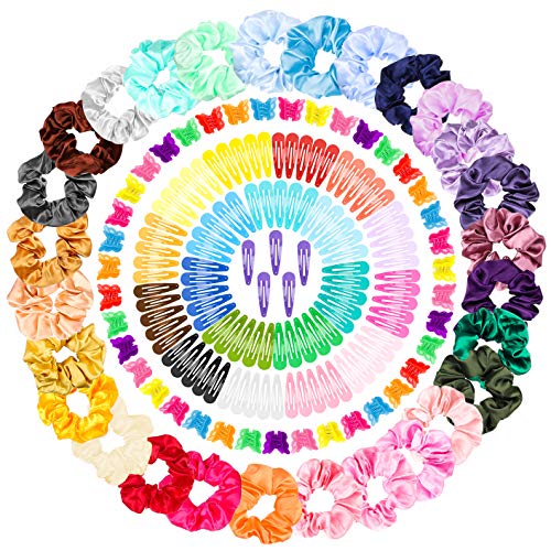 228 Pcs Satin Hair Scrunchies Hair Snap Clips Set 28Pcs Satin Hair Scrunchies 100Pcs Candy Color Snap Clips 100 Pcs Mini Butterfly Claw Clips Hair Barrettes Hair Accessories for Women Lady