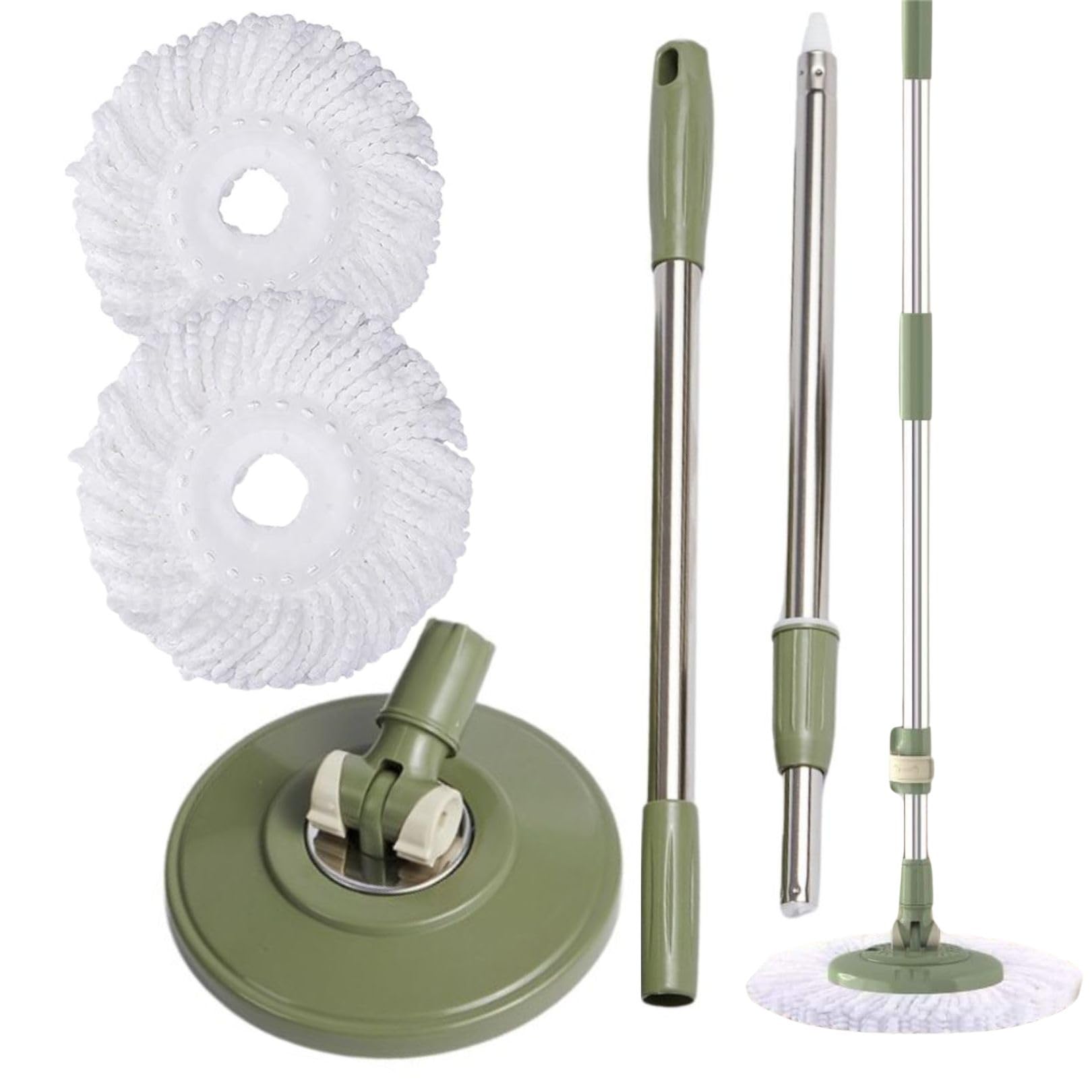Zalcoon Spin Mop Replacement Stainless Steel Handle, Base and 2 Refill for 360° Mop, Refill, handle & Base Replacement Round Shape shape spin mop Standard size (Olive)