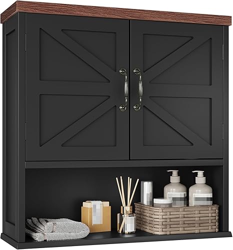 Armario de pared de baño con puertas de granero, gabinete de almacenamiento de baño montado en la pared, estilo granja, estante ajustable,