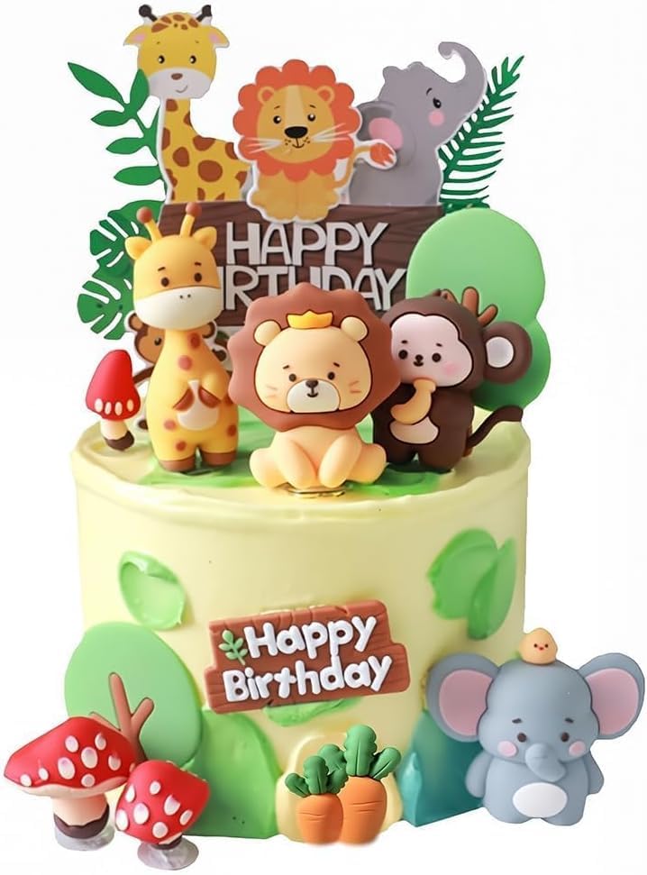 Jungle Cake Topper Set,Animal Cake Decorations with 3D Lion,Monkey,Elephant, Giraffe,Happy Birthday Signs & Green Trees for Birthdays, Safari & Jungle Themed Parties