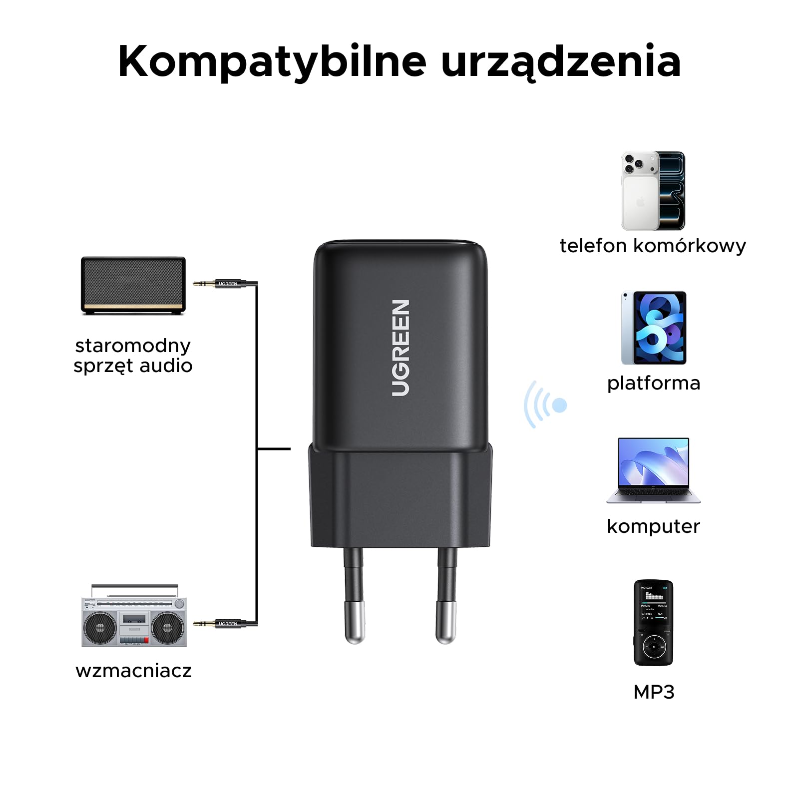 Adapter Bluetooth 6.0 Hi-Res UGREEN z LDAC, odbiornik Bluetooth typu plug and play, adapter AUX 3,5 mm do systemów stereo, wzmacniaczy i głośników, zasięg 10 m z niskim opóźnieniem