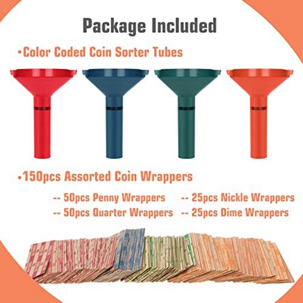 Trieur De Pièces + 150 Rouleaux D'Emballage – Tubes Code Couleur Pour Pennies, Nickels, Dimes, Quarts