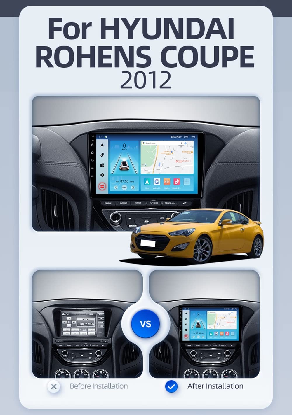 Android 11 9 inch Bluetooth Car Stereo Apple Carplay for Hyundai Rohens Coupe 2012 Head Unit 2 Din Car FM AM Radio Support Android Auto GPS Navigation Hands free Calling