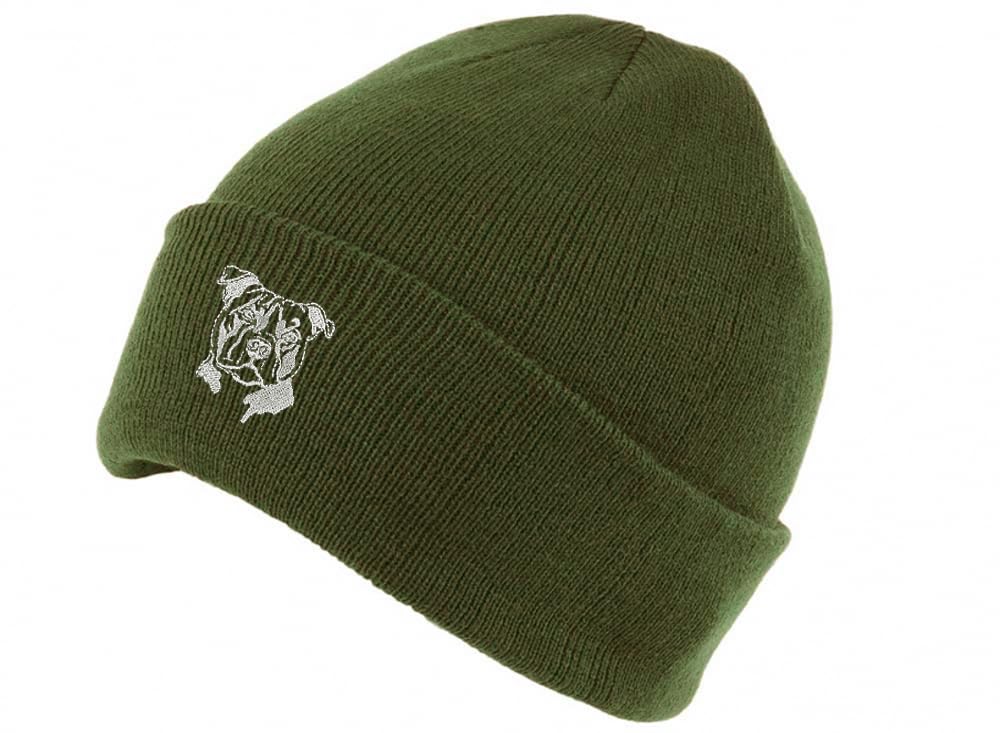 The House Of Dog: Staffy Staffordshire Bull Terrier Owner Gift. Classic Cuffed Unisex Beanie Ski Hat with Embroidered Design. Olive