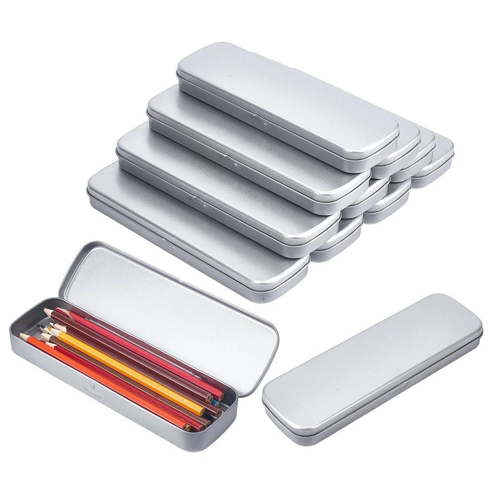 FREEBLOSS 10 estuches de estaño plateados con bisagras, caja de metal rectangular con tapa para suministros de oficina escolar, 7.9 x 2.6 x 1 pulgadas