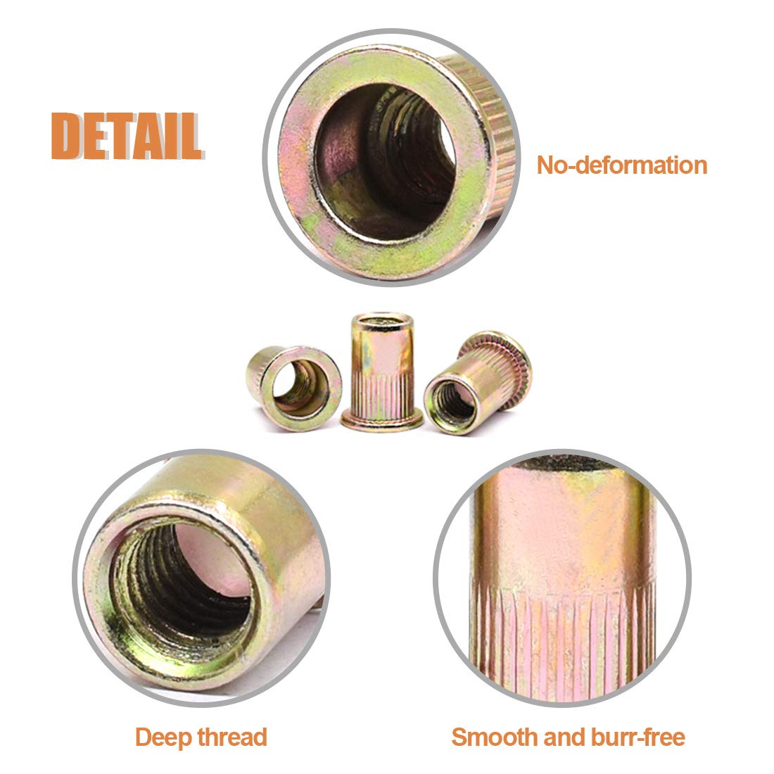 Keadic 100Pcs M8 Rivet Nuts Metric Zinc Plated Rivet Nut Carbon Steel Rivet Nut Flat Head Threaded Insert Kit Threaded Rivet Insert Nutsert Rivnuts Kit for Furniture