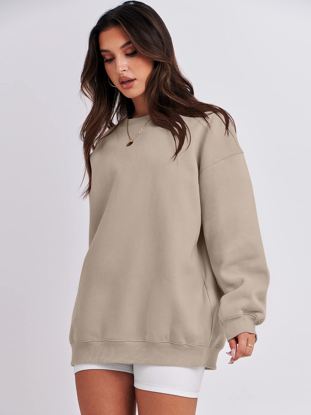 Damskie bluzy oversize bluzy z kapturem polar okrągły dekolt sweter top codzienne jesienne stroje preppy ubrania nastolatki 2024 A1019 światło, Jeden kolor, Light Brown_L