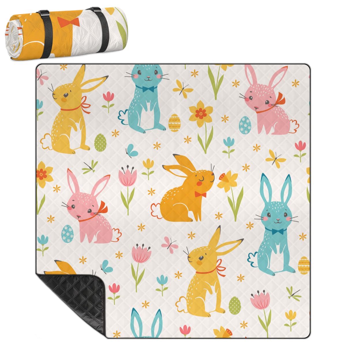 Mularoka Rabbits Pattern Picnic Blankets Waterproof Sandproof Foldable Beach Blanket 79" x 79" Extra Large Portable Washable Outdoor Mat for Camping Park Grass Hiking Travel