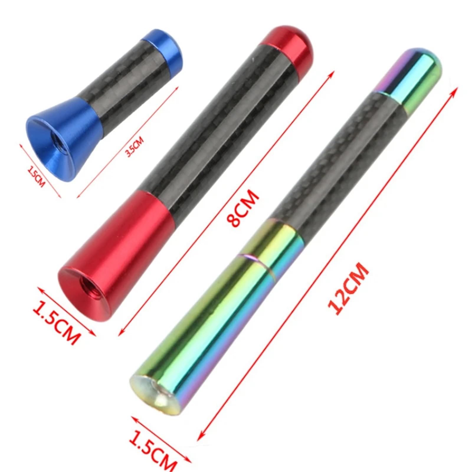 Antenas para vehículos Antena Universal de Techo para Coche de Fibra de Carbono, 3,5 cm, 8 cm, 12 cm, Color Negro, Rojo y Azul. Juego de Antenas de Radio Multicolor. Antena Radio Coche(Colorful,12cm)