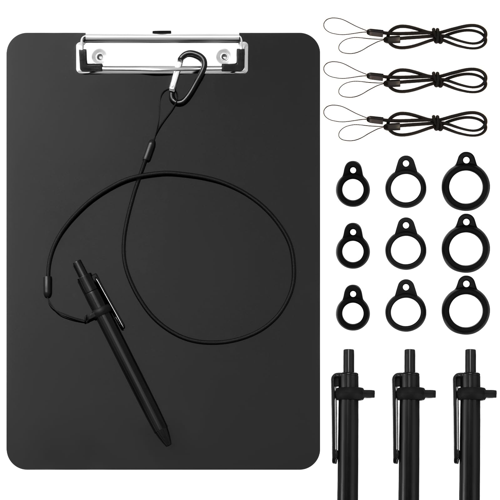 Lewtemi 1 Set A4 Wooden Clipboard with Pen Holder, 24 Inch Pen Leash for Clipboard and Silicone Ring Buckle for School Office Back to School Supplies (Black)