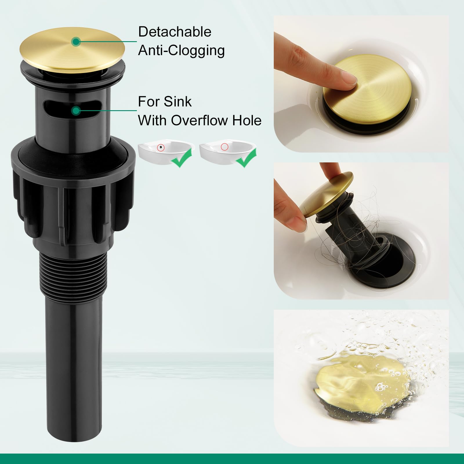 CREA Robinet de salle de bain cascade doré brossé 1 trou poignée unique robinet d'évier de salle de bain avec drain pop-up en acier inoxydable robinet mitigeur de lavabo ligne d'alimentation en eau