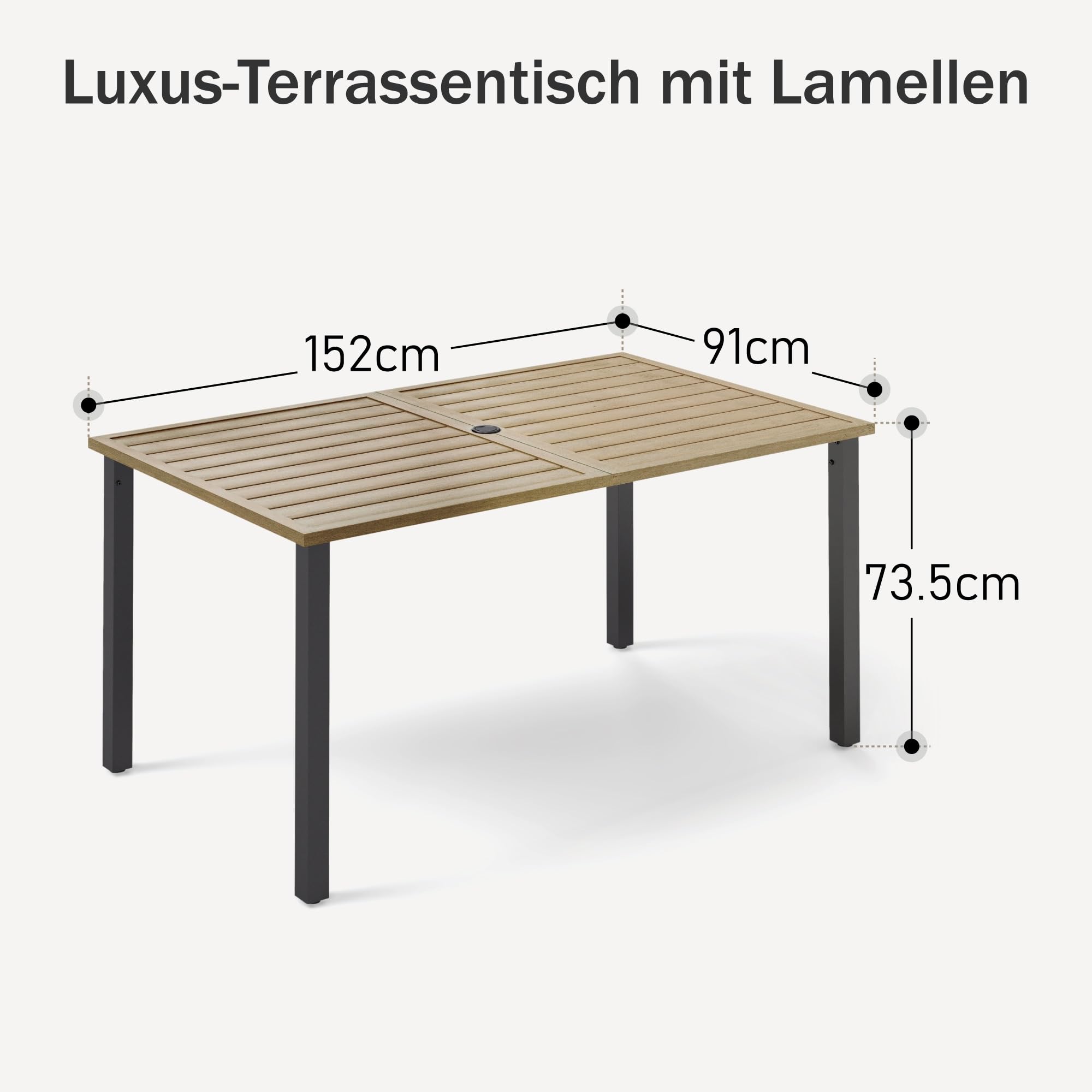 PHI VILLA Gartentisch mit Schirmloch Terrassentisch Gartentische Wetterfester 152x92x73cm Rechteckiger Outdoor Tisch mit Holzähnlicher Metall Tischplatte 4cm Schirmloch für Terrasse Bistro Garten