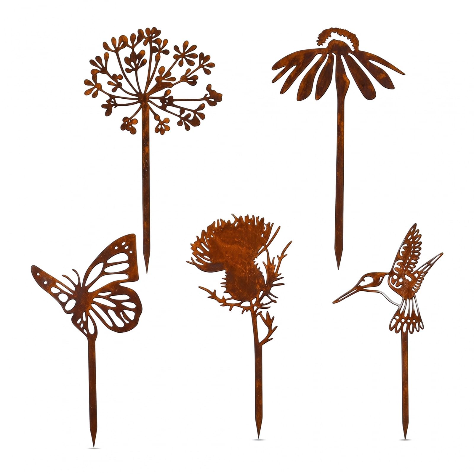 Solvio Rust Color 5Pcs Metal Bird Garden Ornaments Outdoor Rusty Birds Garden Decorations, Decorative Fence Toppers With, Weatherproof Iron Bird Silhouette For Yard, Patio, Flower Pot & Fairy Garden Accessories
