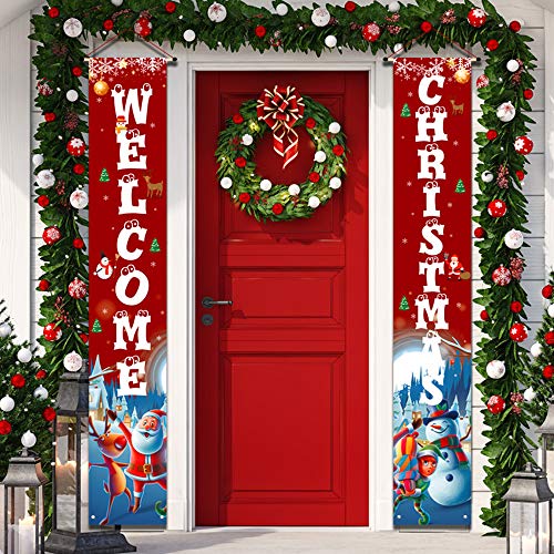 YUFOL Red Christmas Door Decorations for Home Merry Christmas Banner,Hanging Christmas Decorations Porch Front Sign for Outdoor Welcome Christmas Banners - Xmas Decor Flags