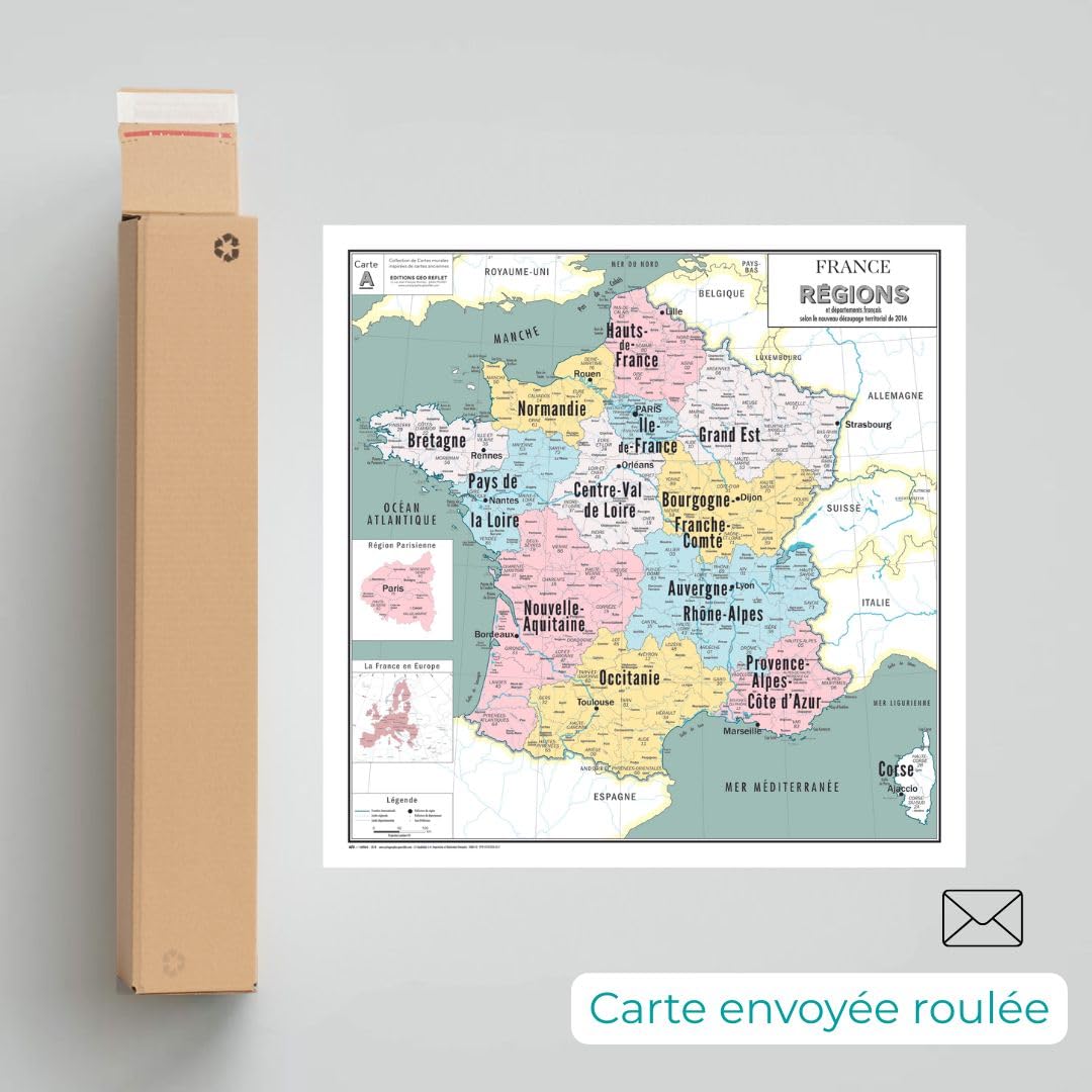 Carte de France Murale - Carte Administrative - Régions - Modèle Vintage - Poster Plastifié 100x100CM