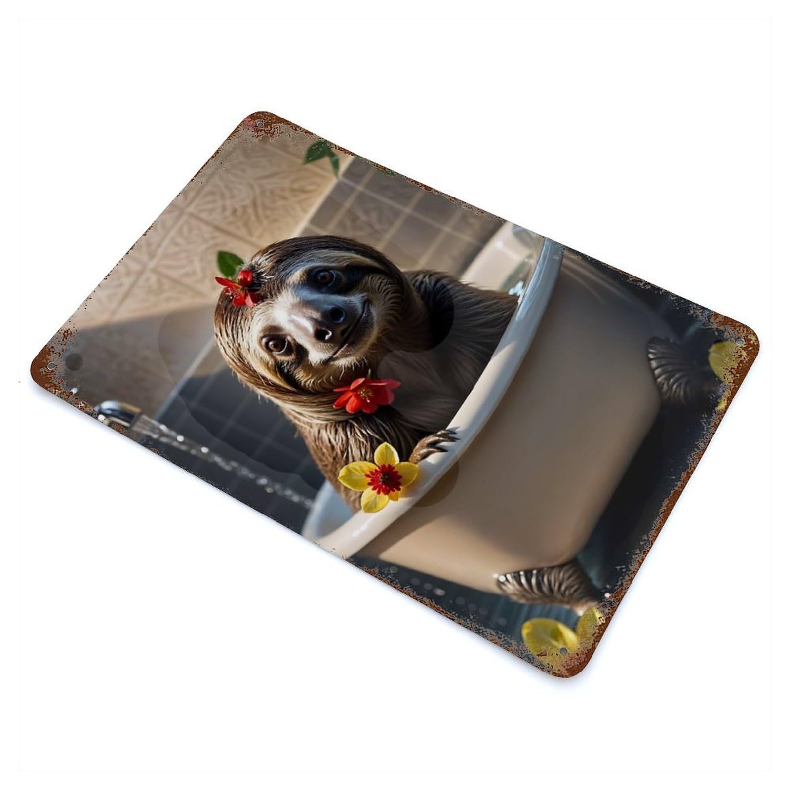 Sloth on Bathroom Rust Effect Tin Sign 11.8"x7.9", Industrial Home Decor for Garage, Bar And Workshop Decor