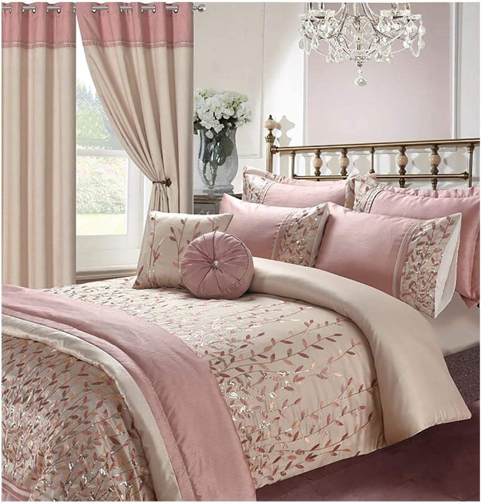 Axcent Comfort Marie Embroidered Duvet Cover - Soft Leaf Style Sequin Duvet Cover Set with 2 Pillow Cases - Embroidery Designer Bedding Bedroom (Pink, Super King Duvet Cover Set)