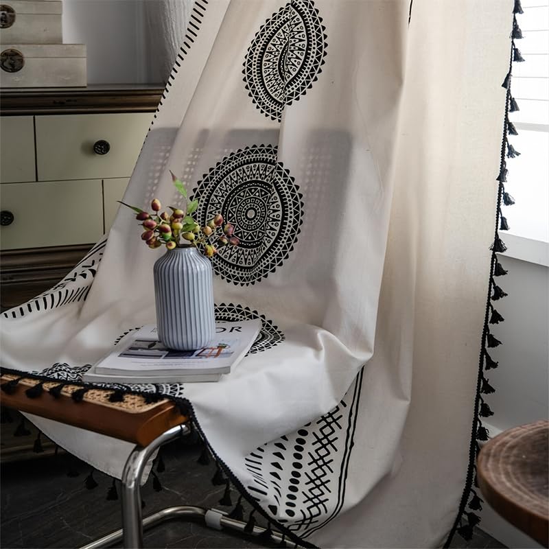 USTIDE Bohemian Cotton Linen Curtains Geometric Semi-Blackout Darkening Curtain Panel with Tassels for Living Room Bedroom Kitchen Bay Window Rod Pocket 1 Pack 150x 160cm - Image 3