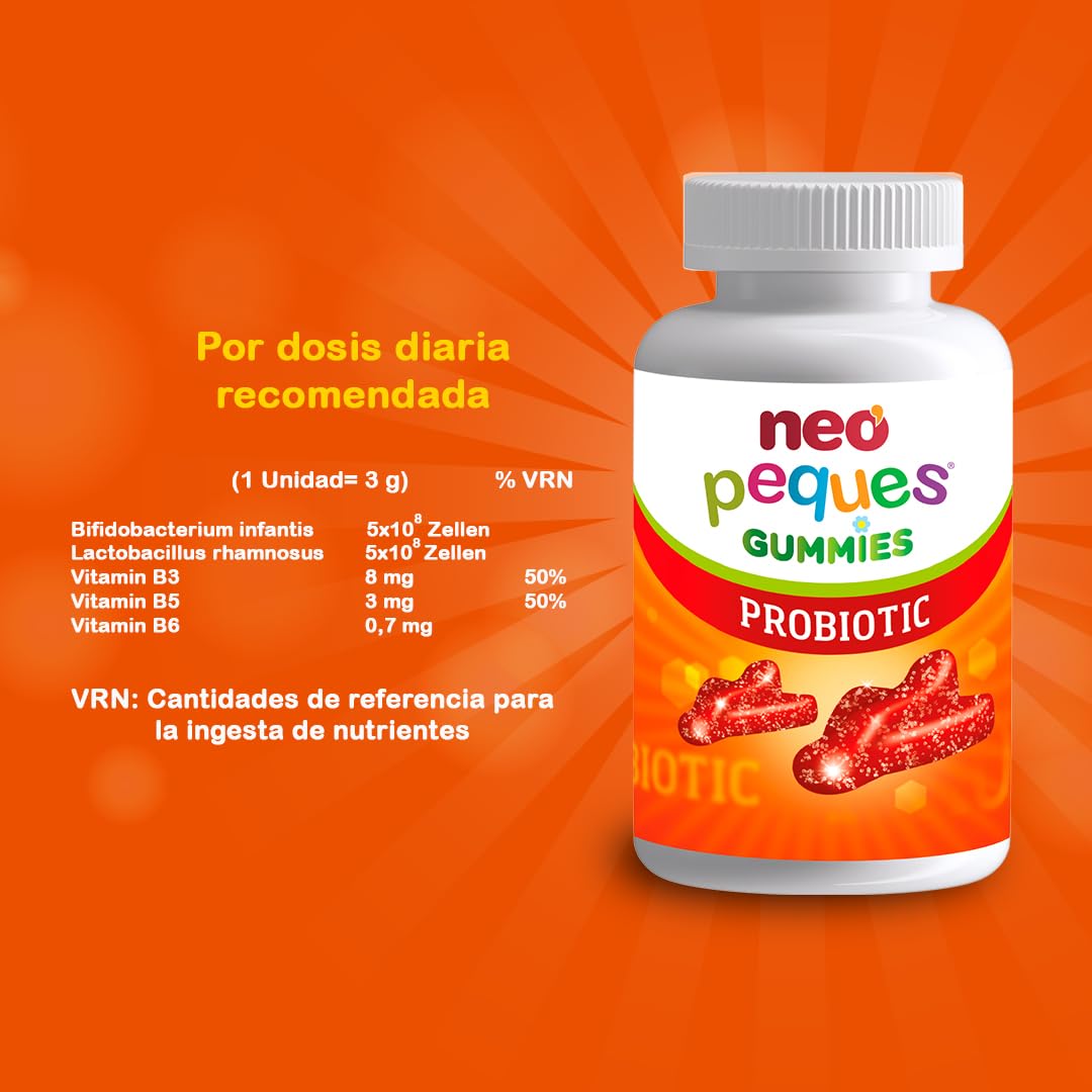 NEO PEQUES | Gummies Probiotic | 30 Gominolas | Beneficiosas para el Sistema Digestivo y las Defensas | Con Probióticos y Vitaminas del Grupo B | Caramelos Masticables para Niños | Sabor Fresa
