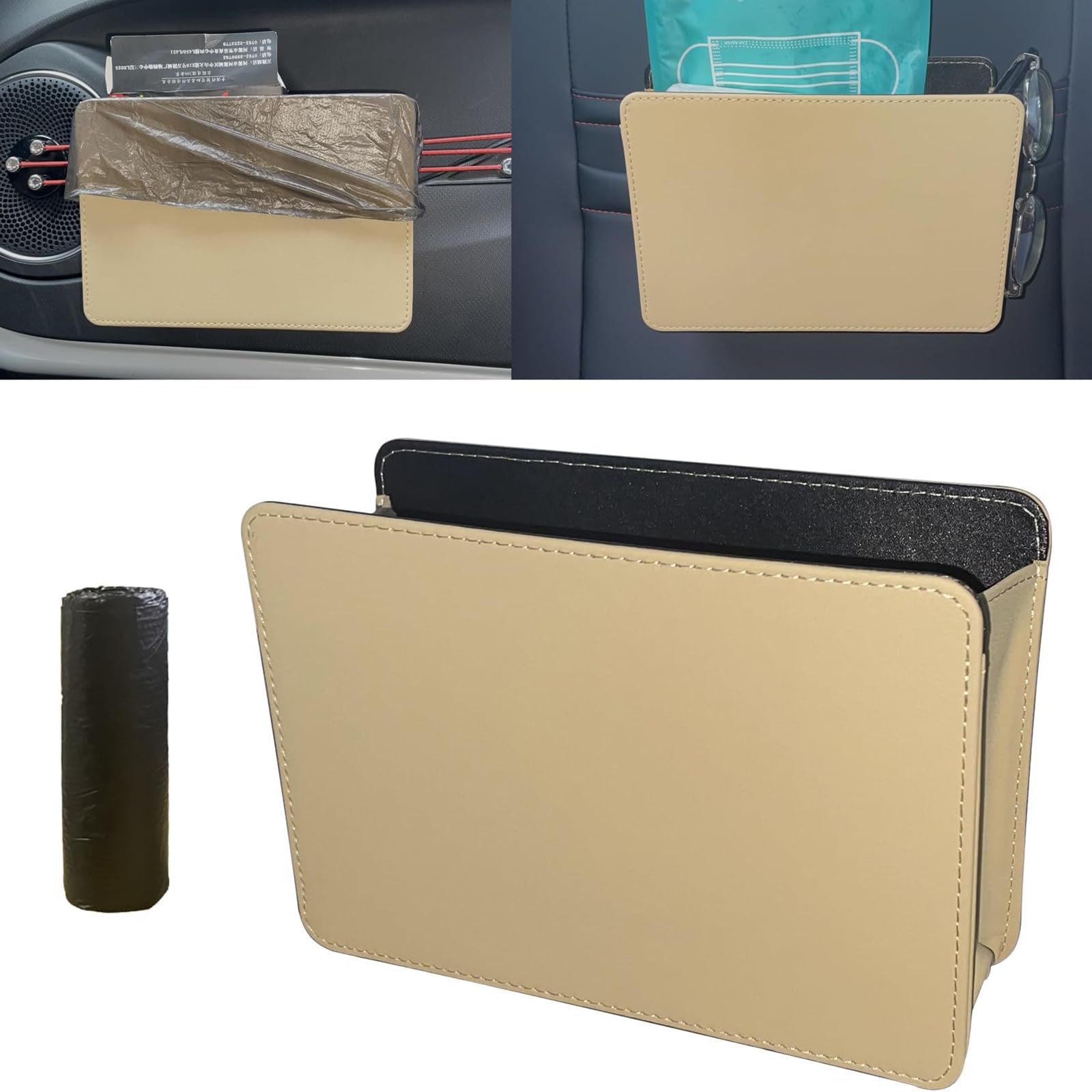 2 pcs Poubelle de Voiture pour Nissan Livina Navara March, Pliable Mini Poubelle en Cuir PU Boîte de Rangement Portable Suspendre Poubelle Intérieur Accessoires, B/Beige