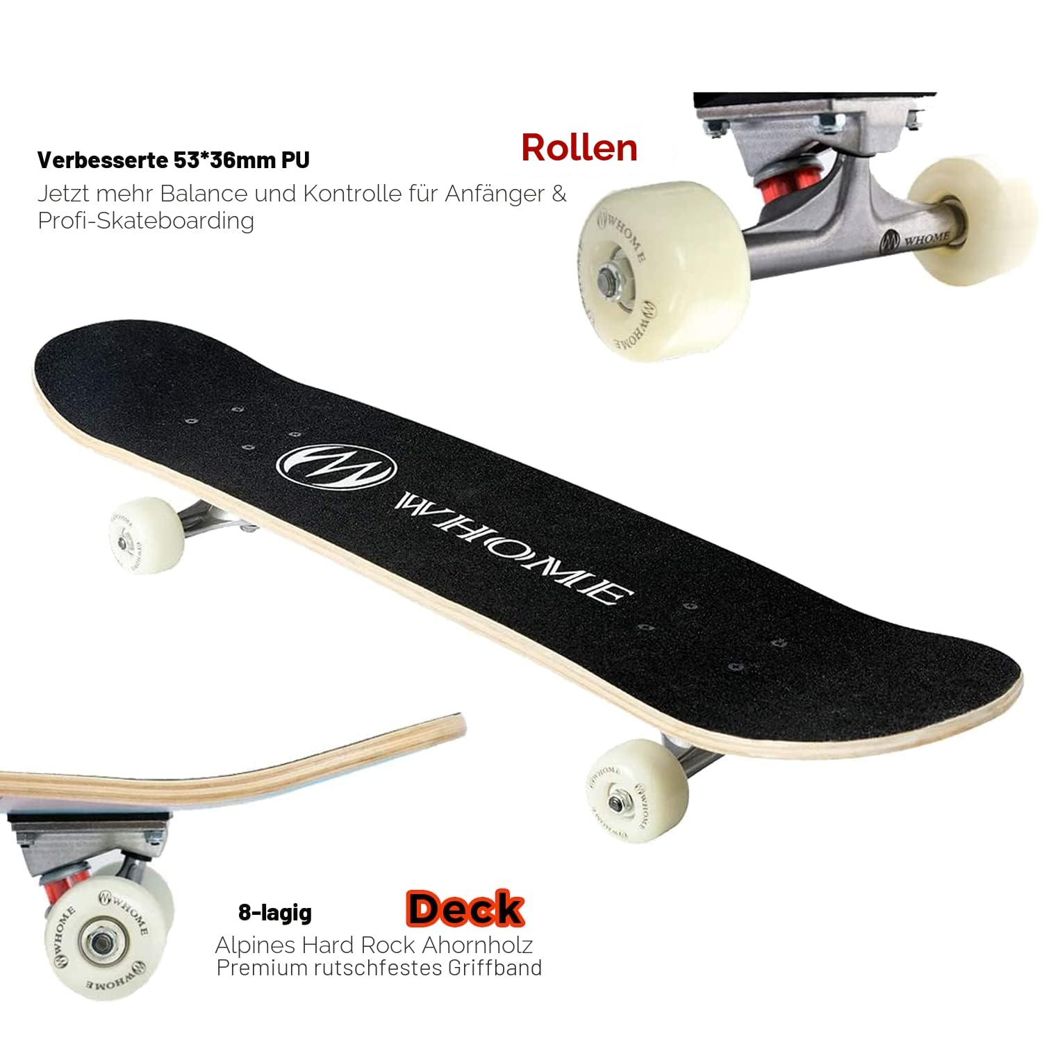 WHOME Pro Skateboards Komplett für Erwachsene/Kinder Mädchen/Jungen Anfänger/Profi - 31 x 8 Zoll Standard 8-Fach Alpine Ahorn Deck ABEC-9 inkl. T-Tool