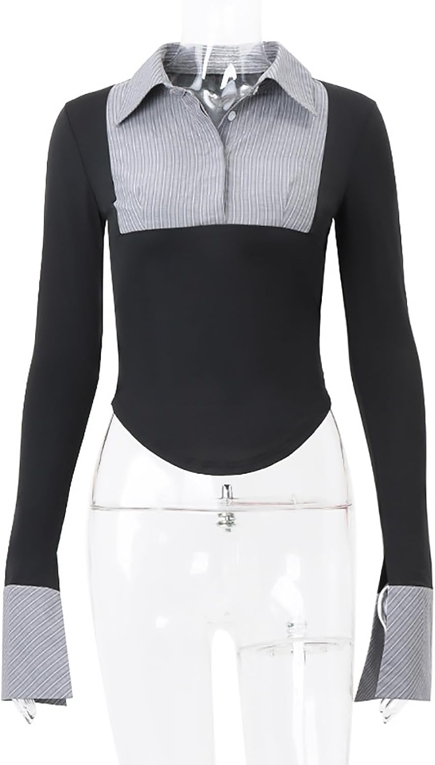 CORIRESHA Women's Fashion Contrast Stripe Shirt Collared Long Sleeve Button Slim Blouse - Image 4